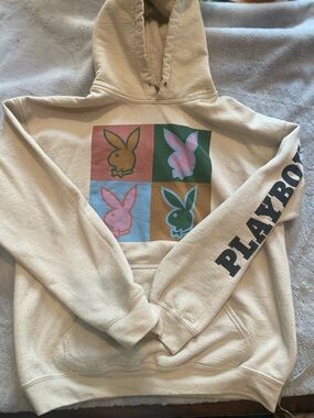 PLAYBOY Cream Hoodie with Colorblock Bunny Squares